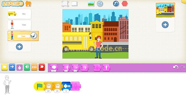 scratchjr图文教程：第三章我的故事【有序上车】kidscode.cn